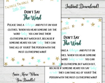 Clothespin Baby Shower Game - Mint and Gold Stars - Baby Shower Games - Instant Download -Digital Printable BONUS GAME Party Game Activity