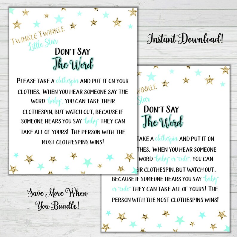 Clothespin Baby Shower Game Mint and Gold Stars Baby Shower Games