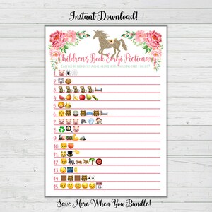 Children&#39;s Book Emoji Pictionary Game- Unicorn Mint Pink Baby Shower Games - Girl Baby Shower Instant Download Digital Printable BONUS