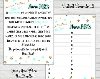 Baby name Game Baby Shower Game - Mint and Gold Stars - Baby Shower Games - Instant Download -Digital Printable BONUS GAME Party Game