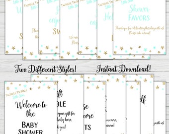 Mint and Gold Baby Shower Signs - 7 Baby Shower Signs - Two Versions -Instant Download Digital Printable Baby Shower Games Party Activity