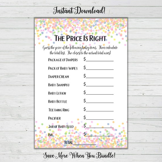 The Price Is Right Baby Shower Game Rainbow Confetti Baby Etsy