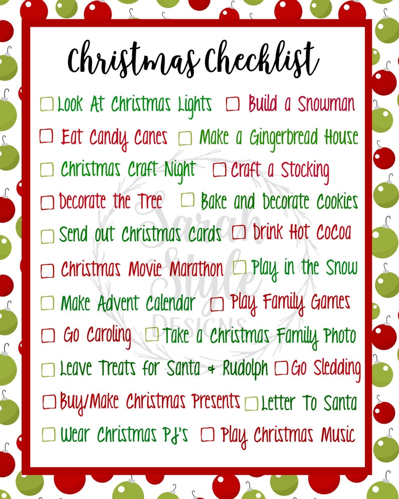 Christmas Printable Checklist, Family Tradition, Digital Print, Holiday