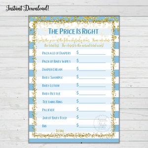 Baby Shower Game Price is Right Blue and Gold Confetti Instant Download Digital Printable Print Boy