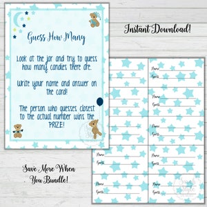 Ratet mal, wie viele - Junge Baby Shower Spiel - Süßigkeiten Spiel - Blauer Bär Thema - Sofort Download - Digital druckbar - BONUS SPIEL - Party Spiel
