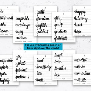 May include: A set of 12 printable worksheets for practicing cursive handwriting. Each worksheet features a different positive word, such as "dare", "faith", "happy", "joy", "kind", "laugh", and "mindset". The worksheets are designed for use with tracing paper.