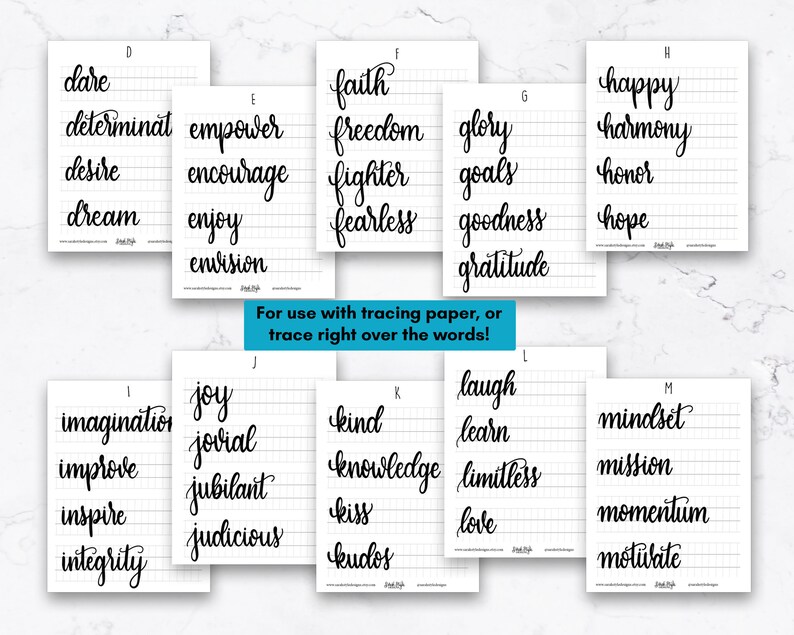 May include: A set of 12 printable worksheets for practicing cursive handwriting. Each worksheet features a different positive word, such as "dare", "faith", "happy", "joy", "kind", "laugh", and "mindset". The worksheets are designed for use with tracing paper.