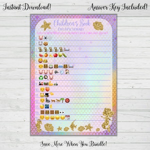 Mermaid Baby Shower Emoji Game - Children&#39;s Book Emoji Pictionary -Rainbow Baby Shower Instant Download Digital Printable Gold Under The Sea