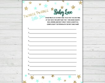 Baby Song Baby Shower Game - Mint and Gold Stars - Baby Shower Games - Instant Download -Digital Printable BONUS GAME Party Game Activity
