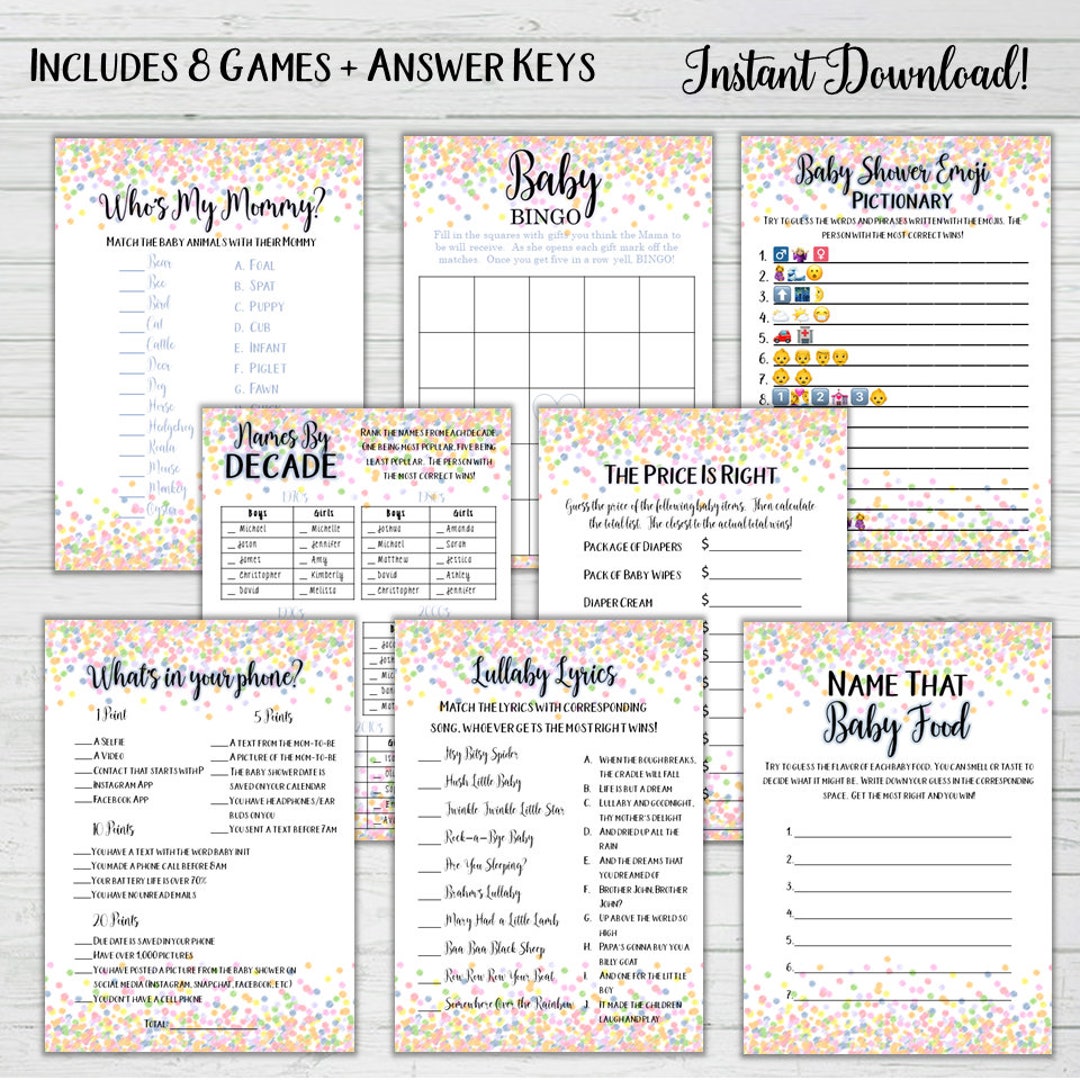 Baby Shower 8 Game Bundle Answer Keys Rainbow Confetti Etsy