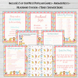 Chevron Baby Animal Baby Shower 5 Game Bundle + Answer Keys + 16 Baby Shower Signs + Headband Station - Instant Download Games Set 3