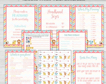 Chevron Baby Animal Baby Shower 5 Game Bundle + Answer Keys + 16 Baby Shower Signs + Headband Station - Instant Download Games Set 3