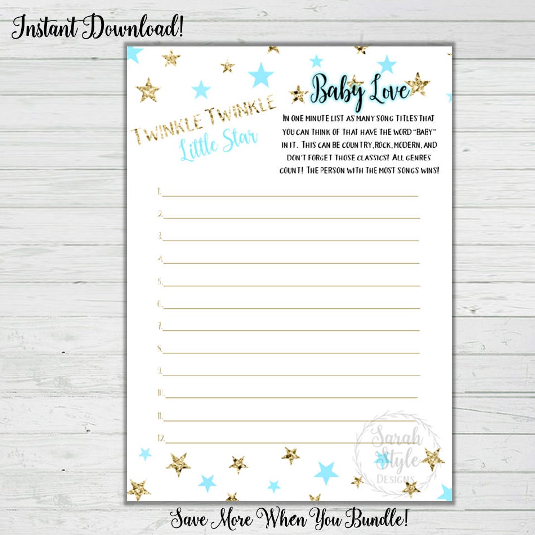 Twinkle Twinkle Little Star Baby Shower Song Game Blue Gold Stars Party  Activity Music Digital Download Instant Printable Print Boy 
