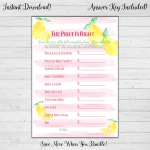 Pink Lemonade Baby Shower Games - The Price is Right Baby Shower Game - Pink Girl Baby Shower Instant Download Digital Printable Lemon Theme