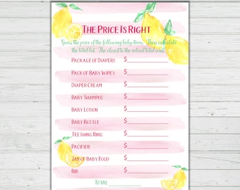 Pink Lemonade Baby Shower Games - The Price is Right Baby Shower Game - Pink Girl Baby Shower Instant Download Digital Printable Lemon Theme