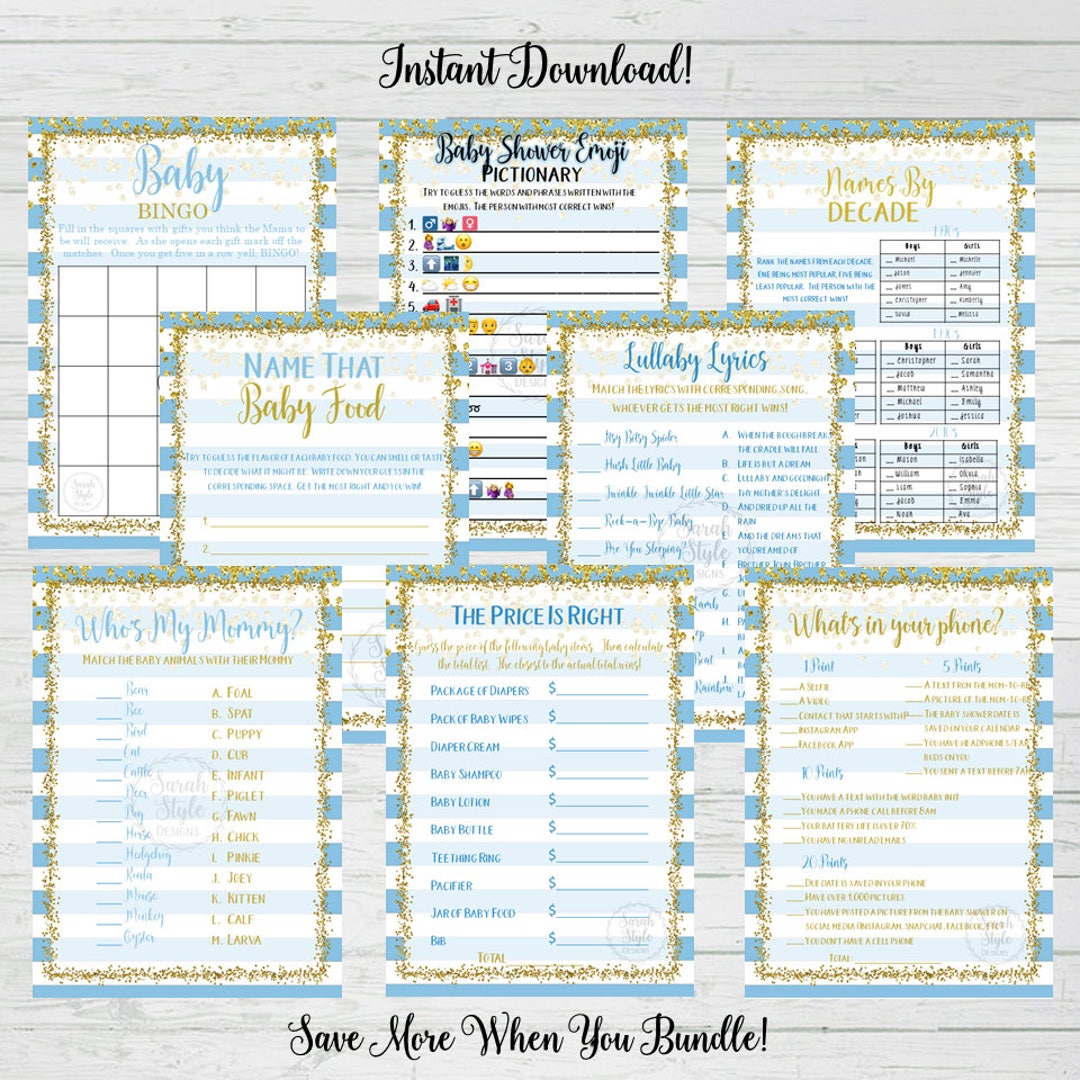 Blue Gold Confetti Baby Shower Bundle Game Set Package Pack Instant ...