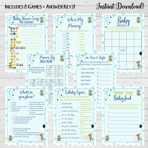 Baby Shower 8 Game Bundle - Boy Baby Shower Games - Blue Bear Theme - Instant Download - Game Pack - Digital Printable - Activity Pack Set 1