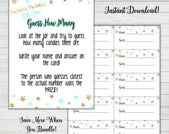 Candy Guessing Game - Baby Shower Game - Mint and Gold Stars - Baby Shower Games - Instant Download -Digital Printable BONUS GAME Party Game