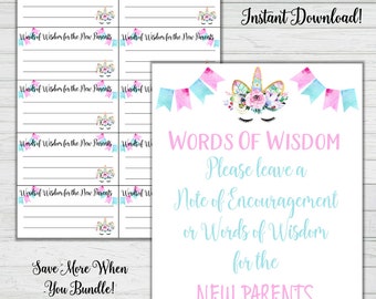 Unicorn Baby Shower Games - Words of Wisdom Baby Shower Cards - Turquoise Pink Girl Baby Shower -Instant Download -Digital Printable BONUS