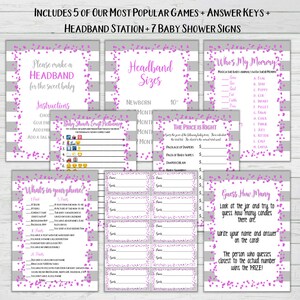Pink and Grey Baby Shower 5 Game Bundle + Answer Keys + 14 Baby Shower Signs + Headband Station - Instant Download Games Set 3 Girl Shower