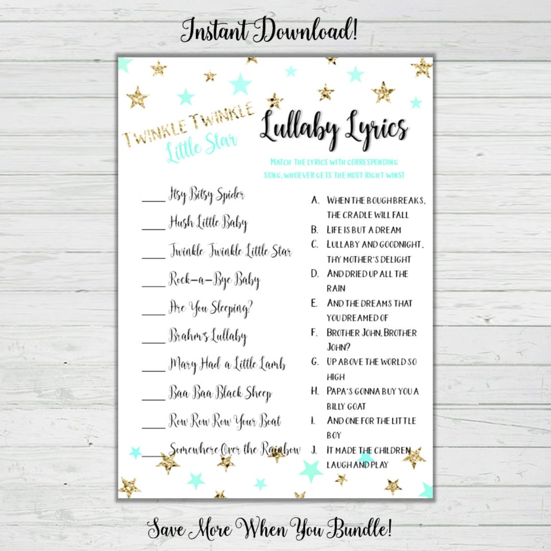 Lullaby Song Matching Baby Shower Game - Mint and Gold Stars - Baby ...