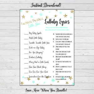 Lullaby Song Matching Baby Shower Game - Mint and Gold Stars - Baby Shower Games - Instant Download -Digital Printable BONUS GAME Party Game