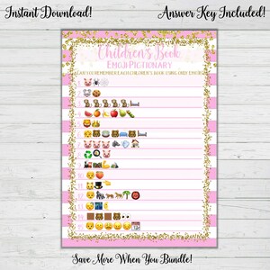 Children&#39;s Book Emoji Pictionary Game- Pink Gold Confetti Baby Shower Games - Girl Baby Shower Instant Download Digital Printable Pink
