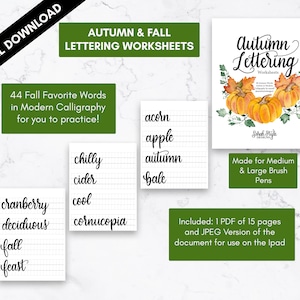 Calligraphy Worksheets - Fall Words - Brush Lettering Worksheets - Autumn Lettering Worksheets