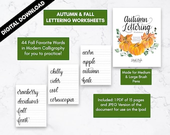 Calligraphy Worksheets - Fall Words - Brush Lettering Worksheets - Autumn Lettering Worksheets