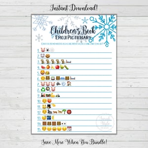 Childrens Book Emoji Pictionary - Winter Baby Shower Games - Snowflake Theme - Party Games - Instant Download - Digital Printable BONUS GAME