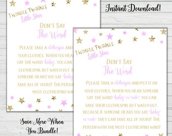 Don't Say the Word Clothespin Game - Pink and Gold Baby Shower Games - Girl Baby Shower- Instant Download Digital Printable BONUS GAME