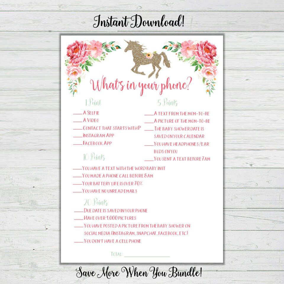 Unicorn Baby Shower Games What S In Your Phone Baby Etsy