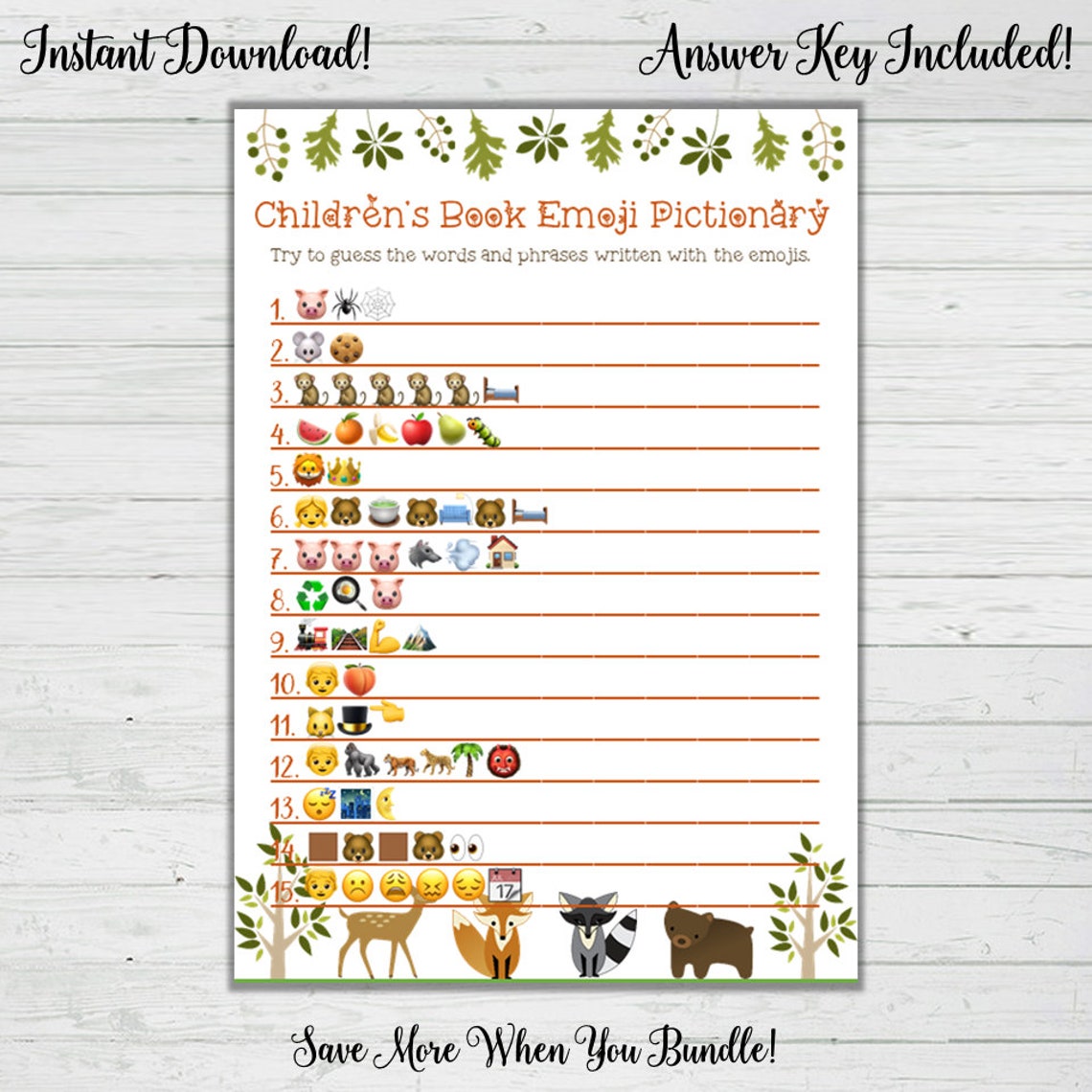 Children's Book Emoji Pictionary Game Woodlands Baby Shower Games Boy