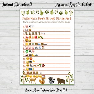 Children's Book Emoji Pictionary Game- Woodlands Baby Shower Games - Boy Baby Shower Instant Download Digital Printable Rustic Woodlands