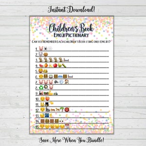 Children's Book Emoji Pictionary Game- Rainbow Confetti Baby Shower Games -Girl Baby Shower Instant Download Digital Printable BONUS  Rustic