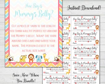 How Big Is Mommy's Belly Yarn Game - Chevron Baby Animals Baby Shower Games - Gender Neutral - Instant Download Digital Printable BONUS GAME