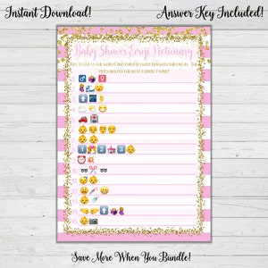 Emoji Pictionary Baby Shower Game - Pink Gold Confetti Baby Shower Games - Girl Baby Shower Instant Download Digital Printable Glam Stripes