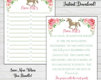 Unicorn Baby Shower Games -Baby Name Baby Shower Game -  Mint Pink Gold Girl Baby Shower - Instant Download - Digital Printable - BONUS GAME
