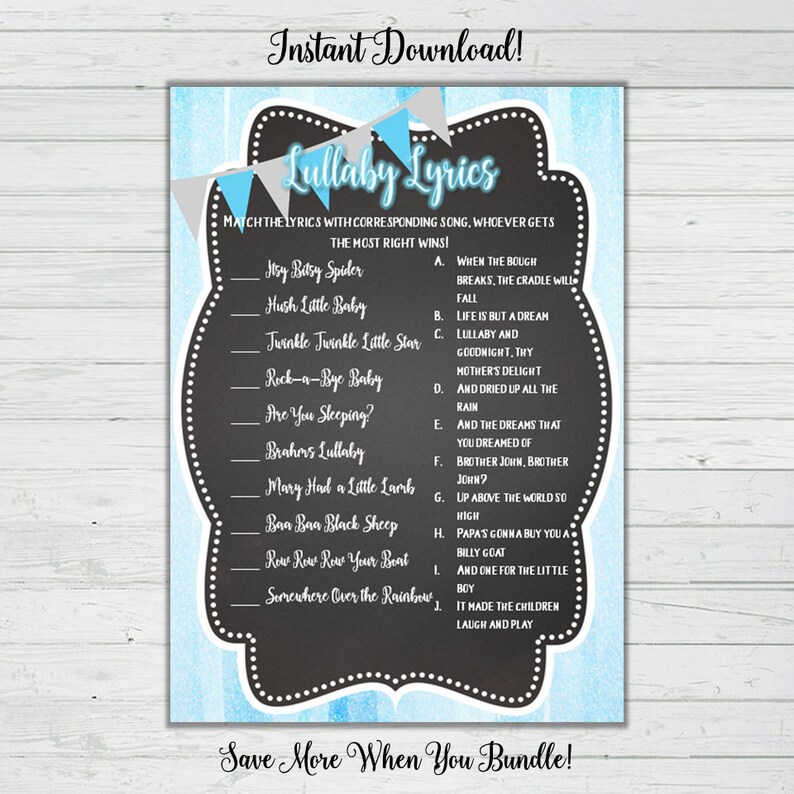 Lullaby Chalkboard Boy Baby Shower Games Song Matching Baby Etsy
