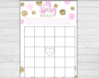 May include: A printable baby shower bingo card with a pink and gold confetti background. The card has a title that says "Baby Bingo" and instructions to fill in the squares with gifts the mother-to-be will receive.  The card has a free space in the center that says "Freebie".