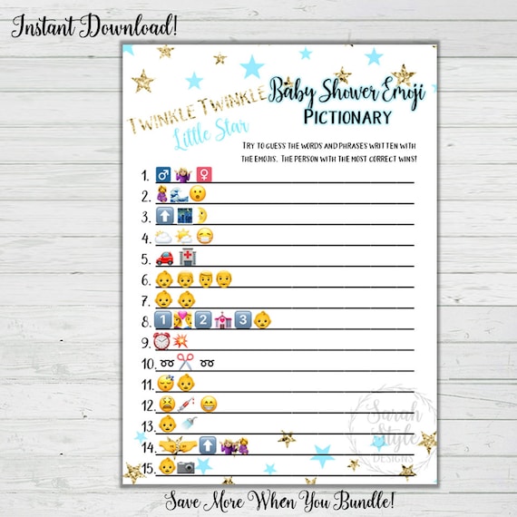 Emoji Pictionary Baby Shower Game Twinkle Twinkle Little Star Activity  Party Blue Gold Stars Digital Download Instant Printable Print Boy