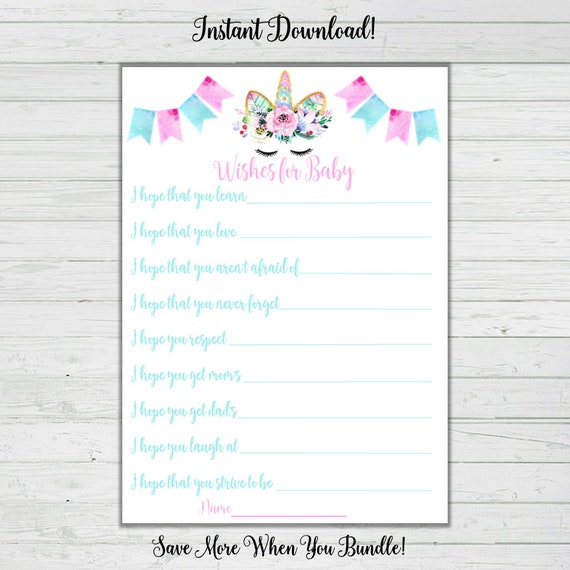 Unicorn Baby Shower Games Wishes for Baby Cards turquoise | Etsy