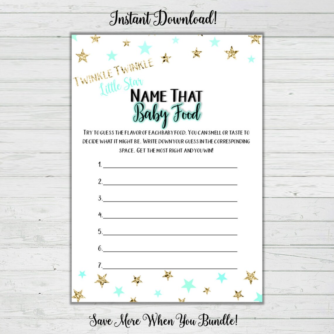 Name That Baby Food Baby Shower Game Mint and Gold Stars Baby Shower