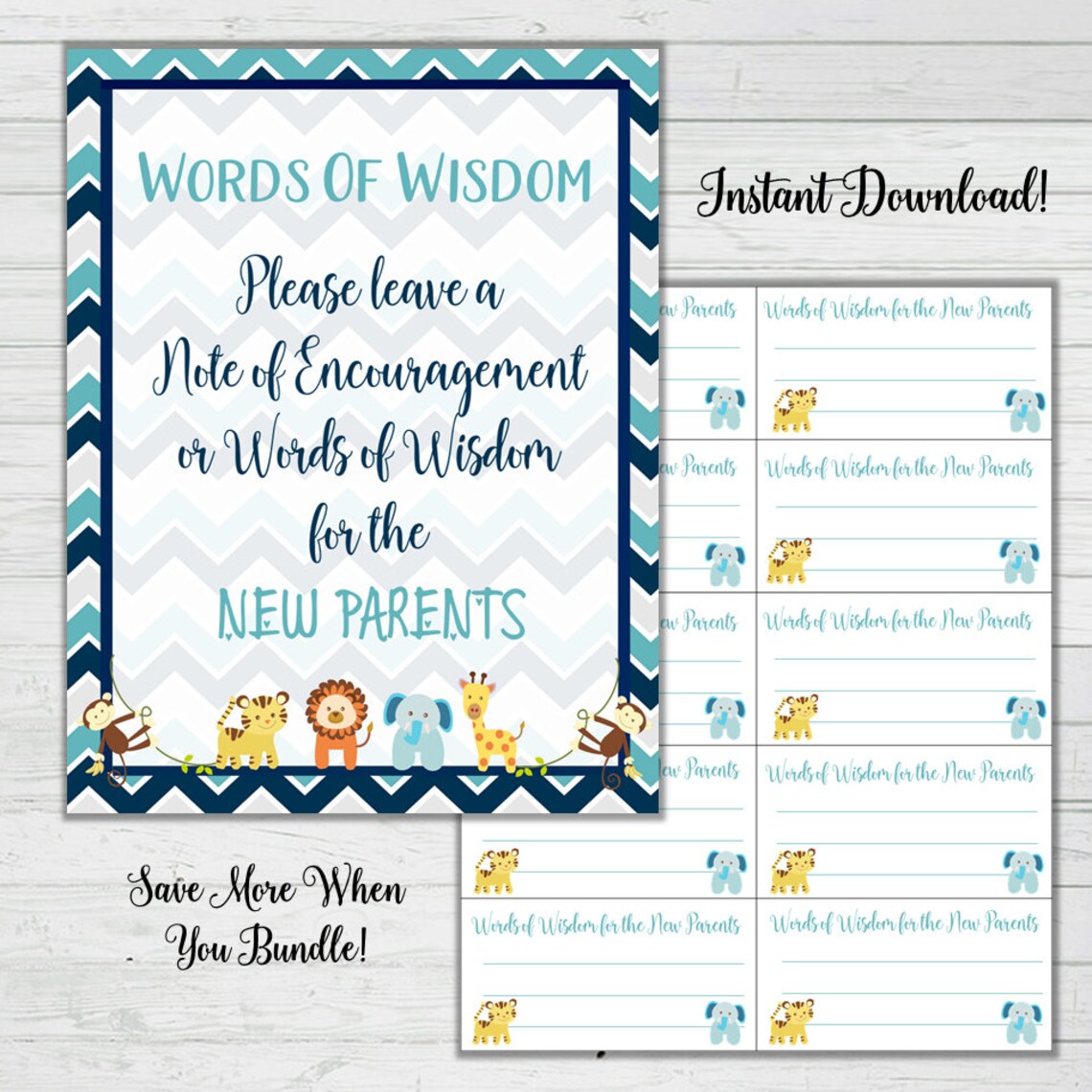 Words of Wisdom Baby Shower Cards Chevron Baby Animals Baby Shower