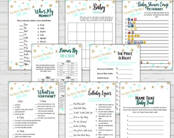 Baby Shower 8 Game Bundle + Answer Keys - Mint and Gold Baby Shower Game Set - Instant Download Digital Print Theme Digital Set 1  Game Pack