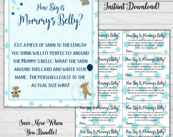 How Big Is Mommy's Belly - Boy Baby Shower Game - Party Games - Blue Bear Theme - Yarn Game - Digital Download - Instant Printable - BONUS