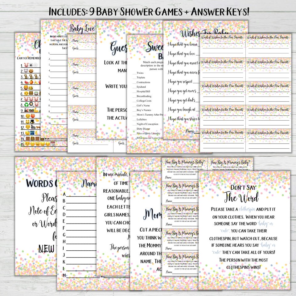 Baby Shower 9 Game Bundle + Answer Keys - Baby Shower Game Set -rainbow