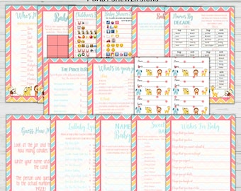 Baby Shower 17 Game Bundle + Answer Keys - 7 Baby Shower Signs - Chevron Baby Animals Baby Shower -Instant Download Chalkboard Theme Digital