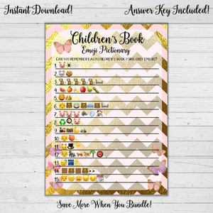 Children&#39;s Book Emoji Pictionary Game- Butterlfy Baby Shower Games - Pink Gold Chevron Baby Shower - Instant Download Digital Printable