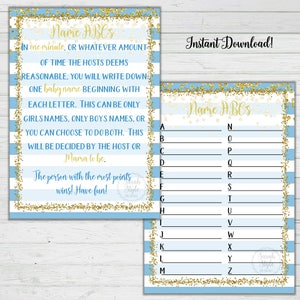 Blue and Gold Boy Baby Shower Name Game Instant Download Printable Print